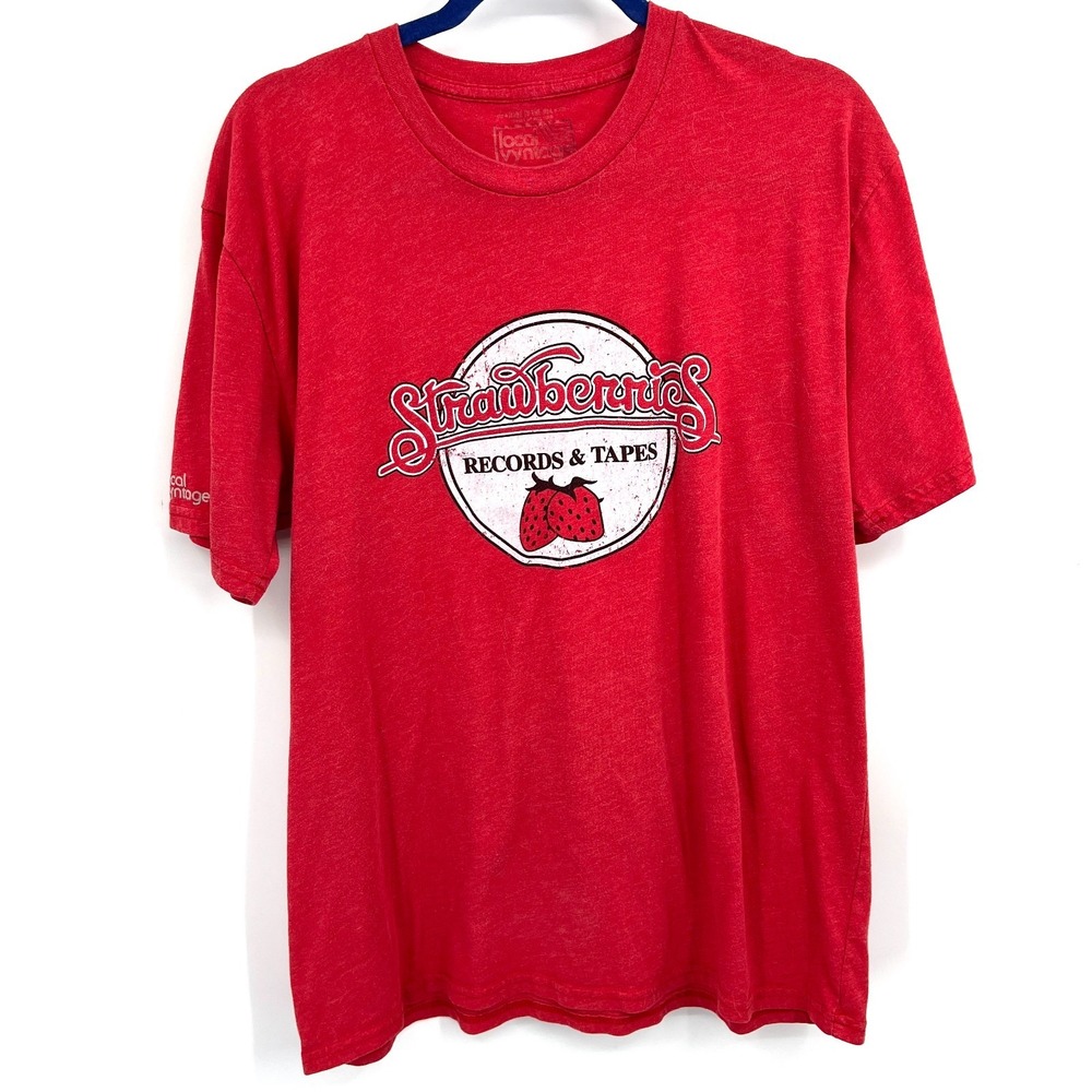 Local Vyntage Strawberries records & tapes red graphic t-shirt top retro XL